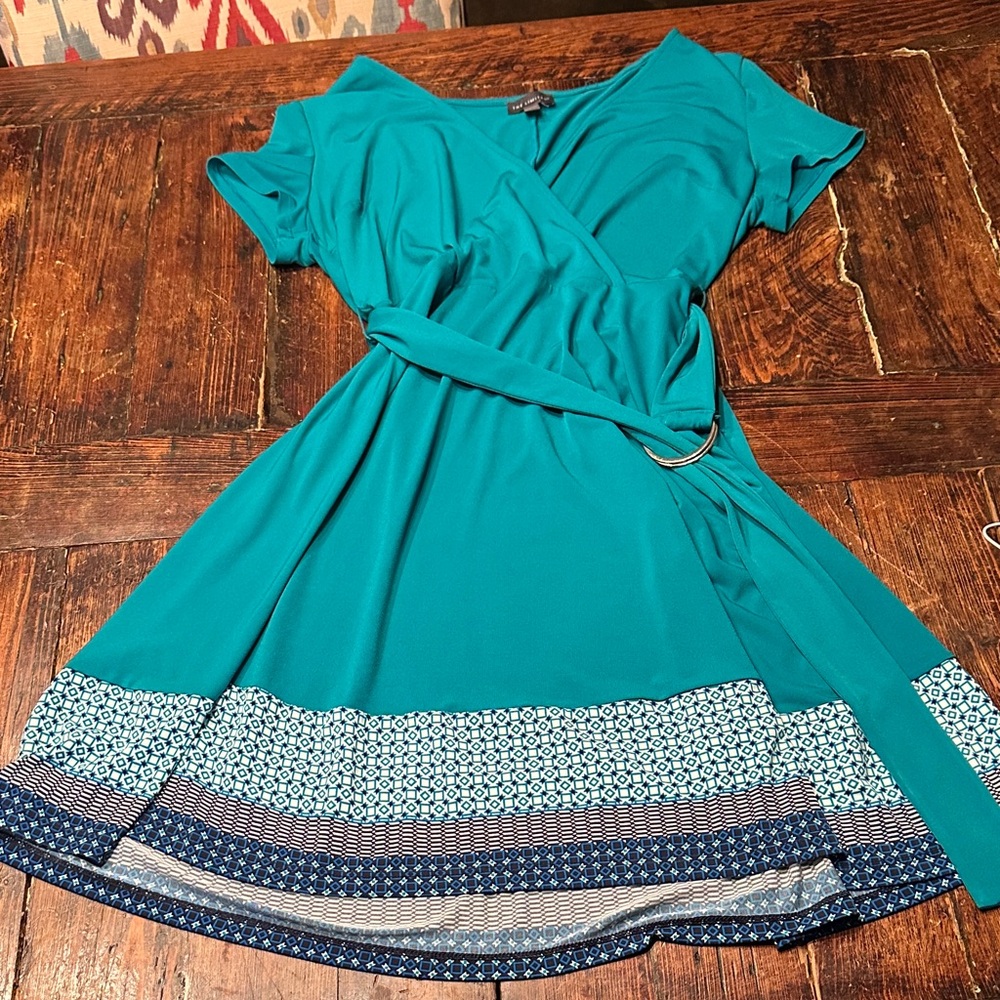 Teal Wrap Dress with Patterned Hem. Size Small.